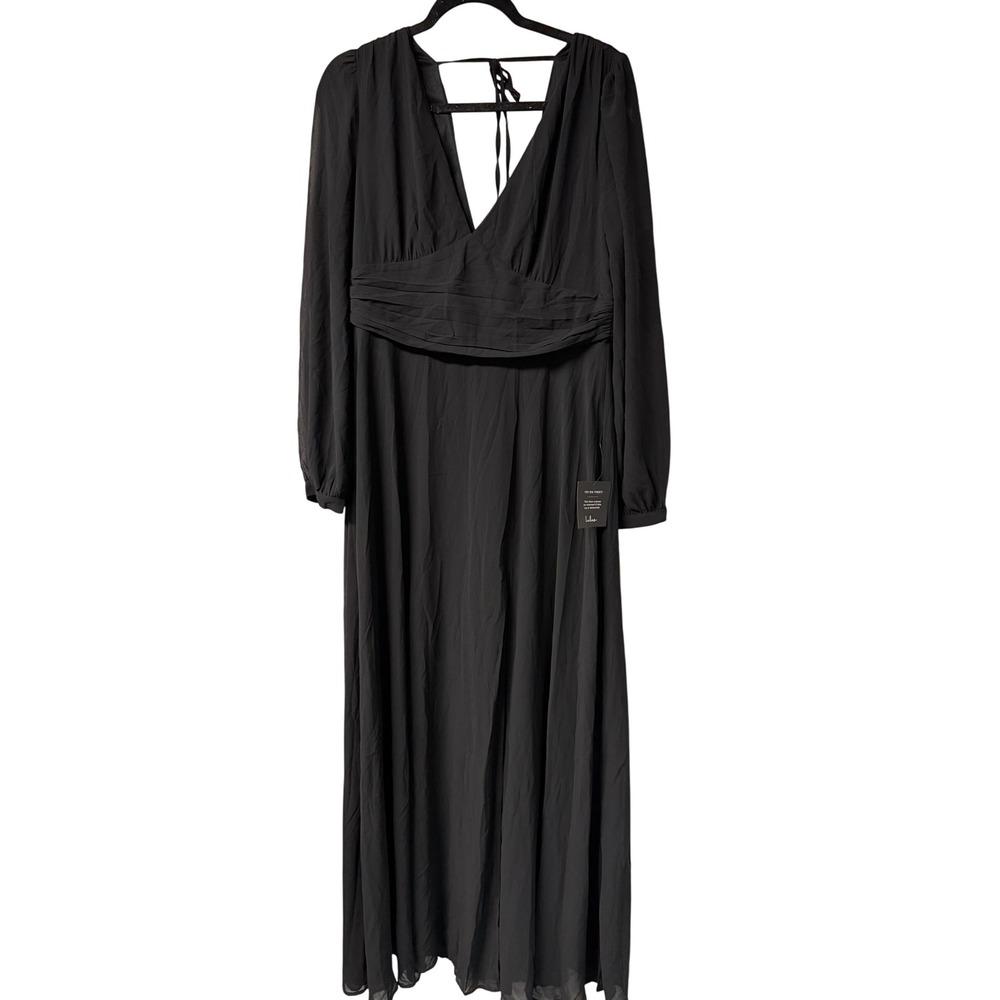 Lulus Black Chiffon Long Sleeve Maxi Dress V-Neck Open Back Slit XL NWT